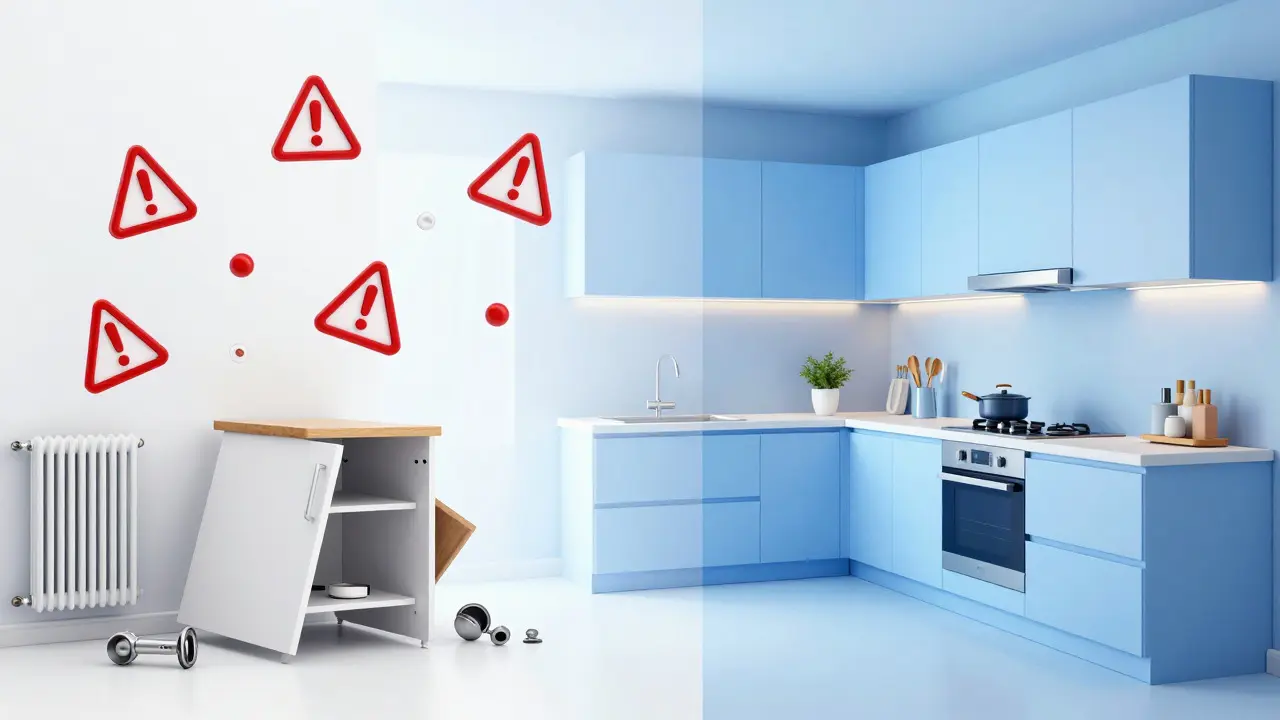 Kontrast zwischen chaotischem Fehler und perfekter Kücheneinbau