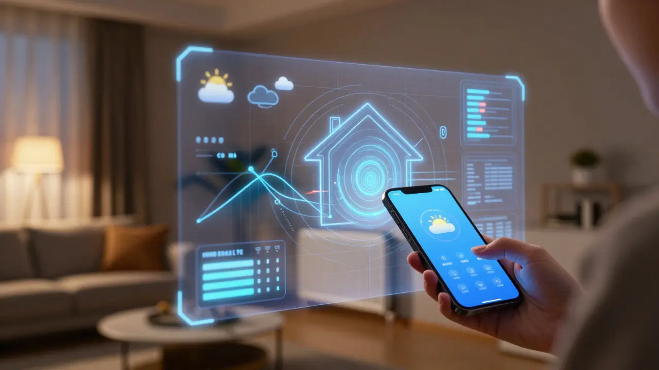 Konzeptbild: KI-gesteuerte Heizungssteuerung mit Datenvisualisierung im modernen Zuhause