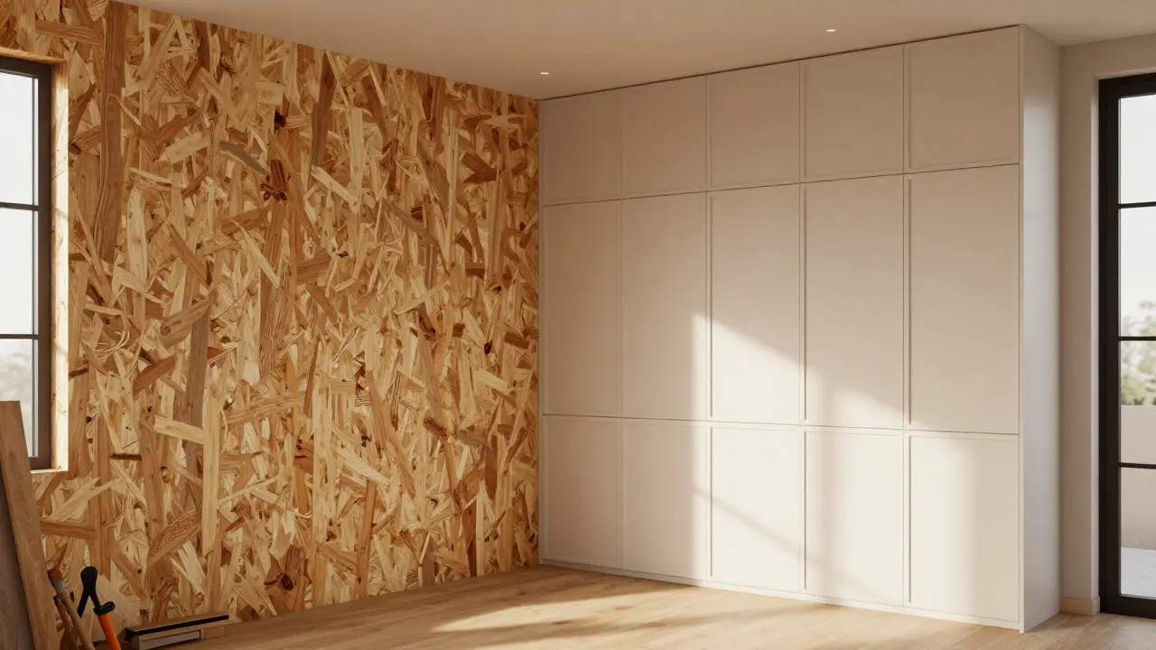 Modernes Wohnzimmer mit rustikaler OSB-Wand und glatten MDF-Schränken