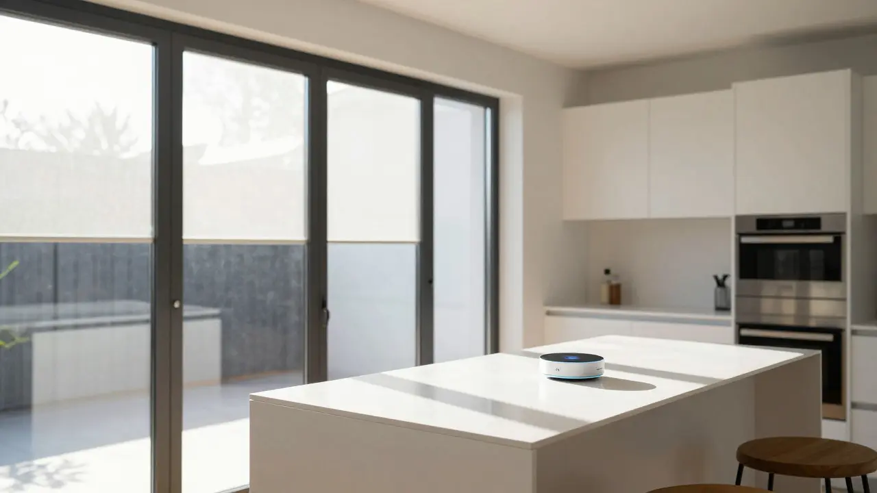Motorisierte Rollos in einer modernen Küche mit Smart-Home-Elementen und geometrischen Schatten