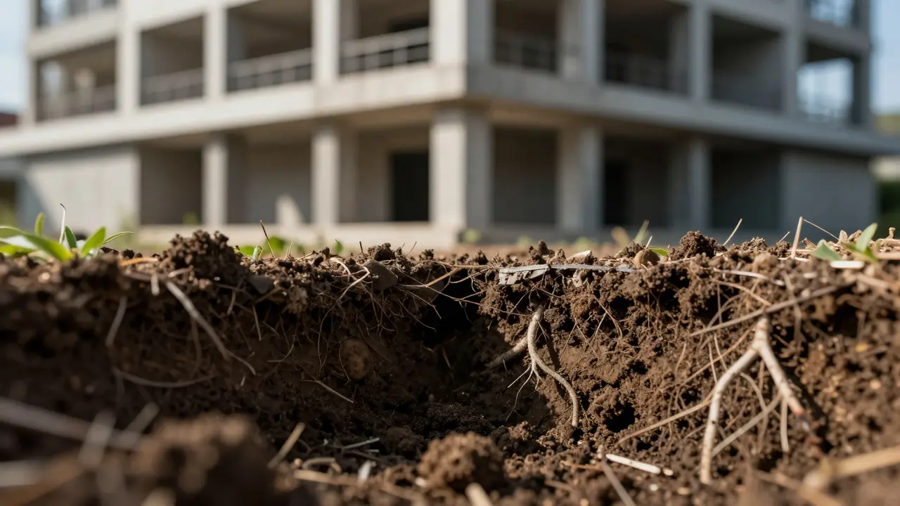 Nahaufnahme der Grenze zwischen Gebäudegrundriss und Erde zur Darstellung der Trennung von Bau- und Grundstücksvalue