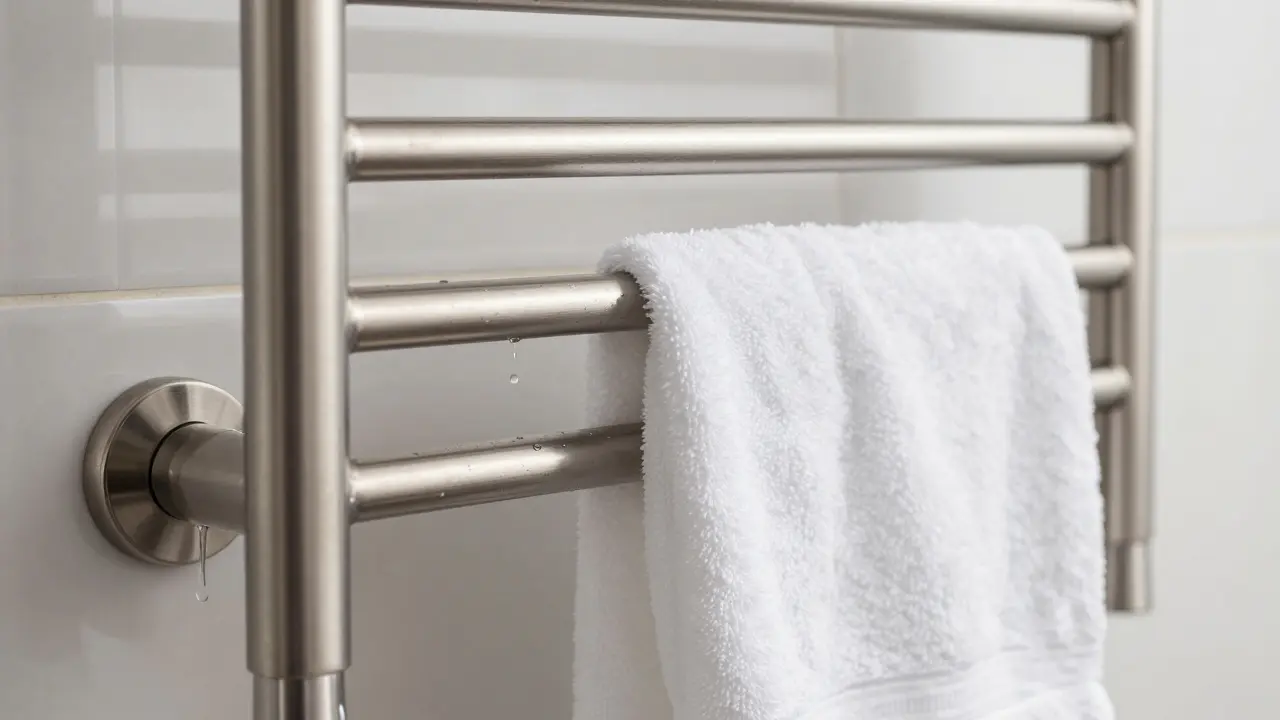 Nahaufnahme eines Edelstahl-Handtuchwärmers mit feuchtem Handtuch an der Wand