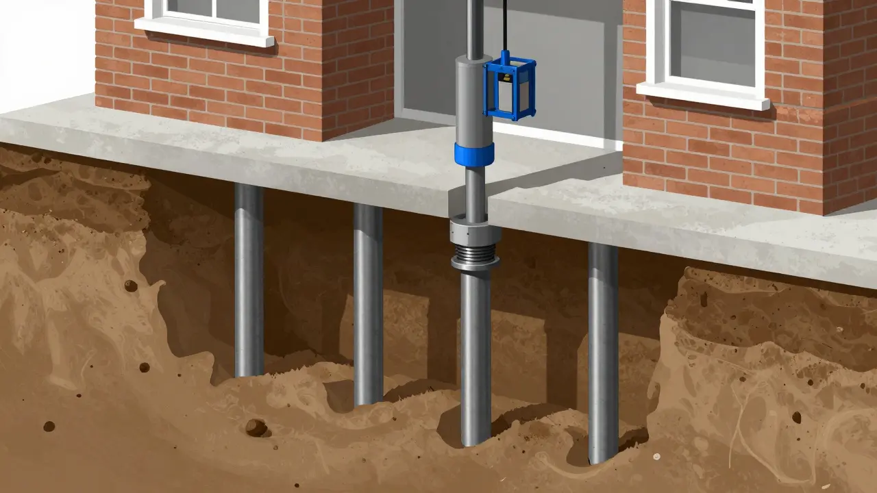 Schnittbild: Segmentpfähle stabilisieren das Fundament unter dem Boden