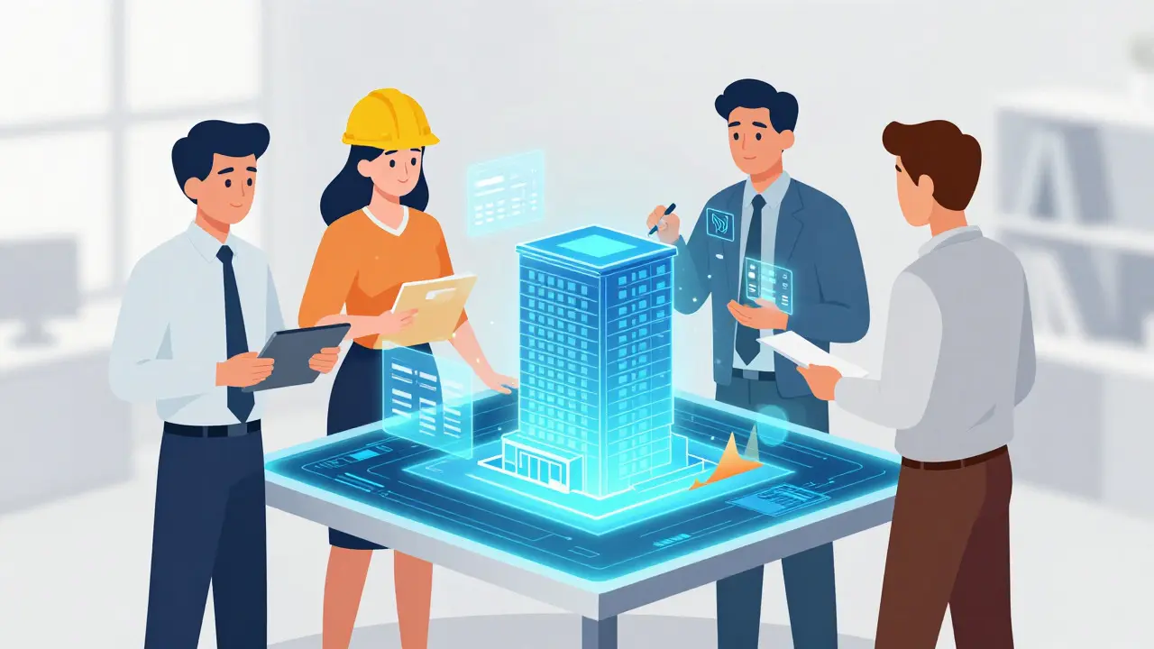 Team analysiert 3D-Modell eines Gebäudes mit digitalen Risikodaten