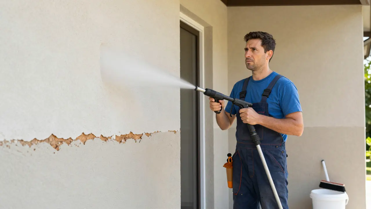 Vergleich von Hochdruckreinigung und sanfter Bürstenreinigung an einer Wand