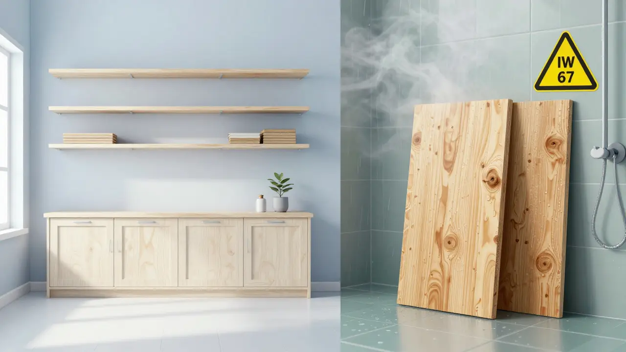 Vergleich von trockenen Wohnräumen und feuchten Bädern für Holzwerkstoffe
