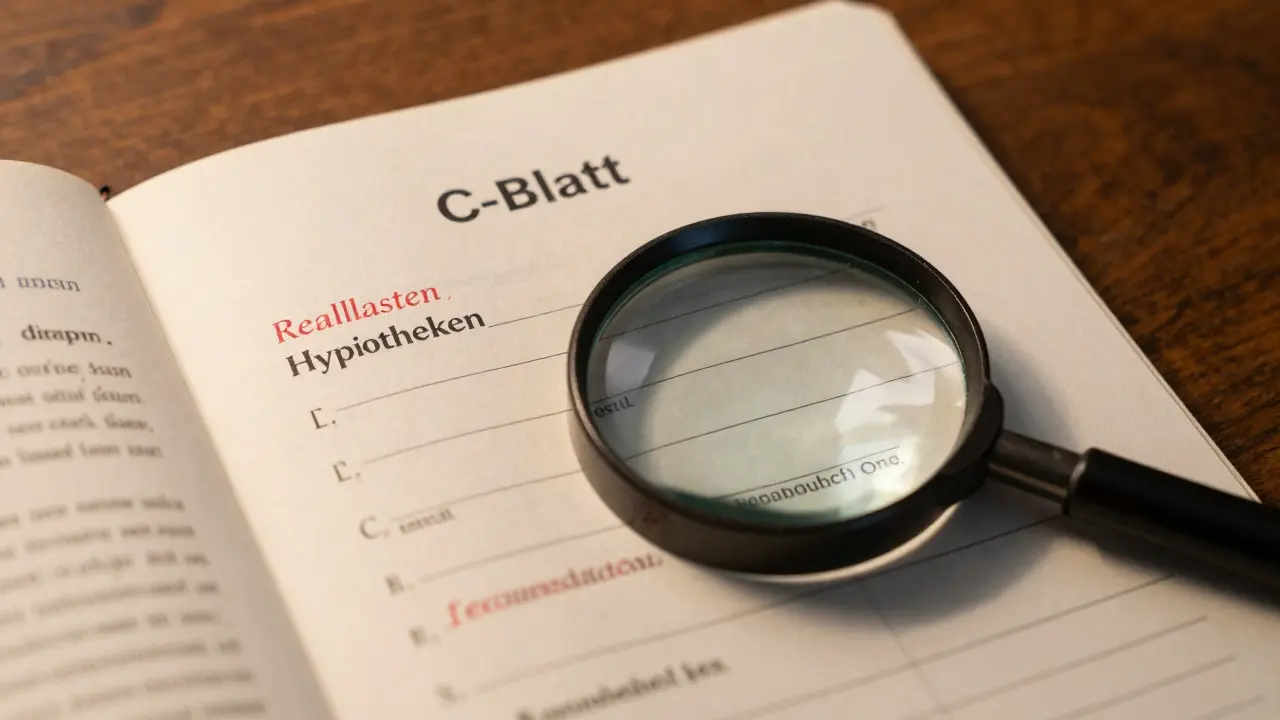 Vergrößerungsglas über Grundbuch C-Blatt mit versteckten Lasten