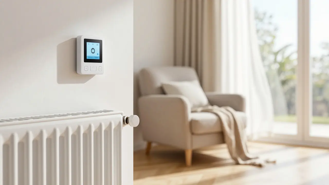 Wohnzimmer mit Smart-Thermostat, das Fensteröffnung erkennt und Energie spart