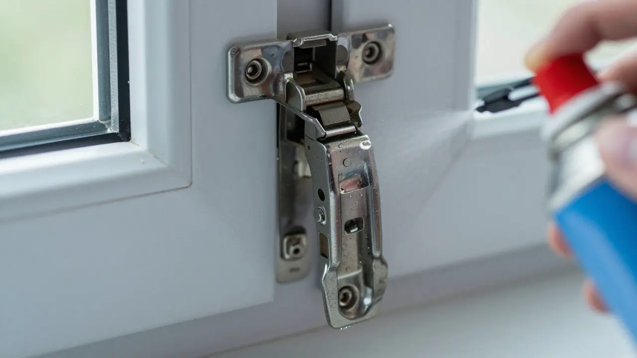 Applying silicone spray to window hinge mechanism