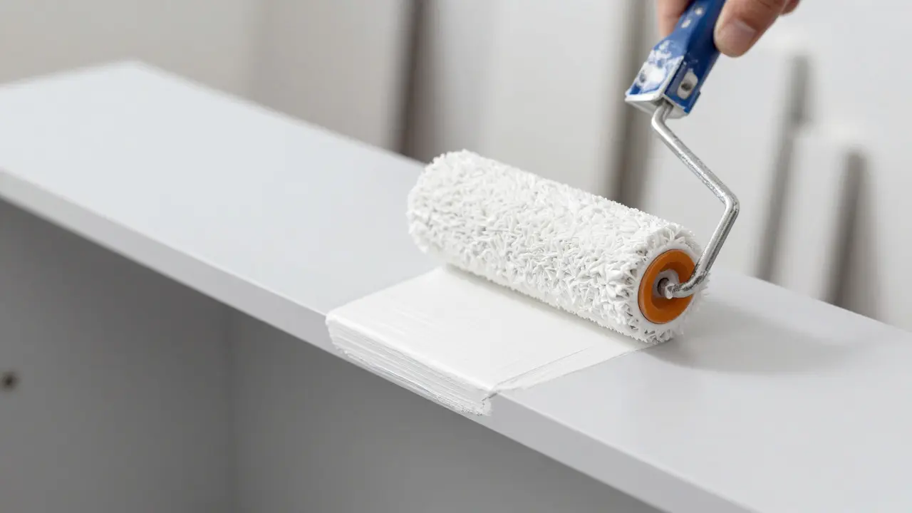 Detailaufnahme beim Lackieren einer Küchenfront mit gleichmäßigem Farbauftrag