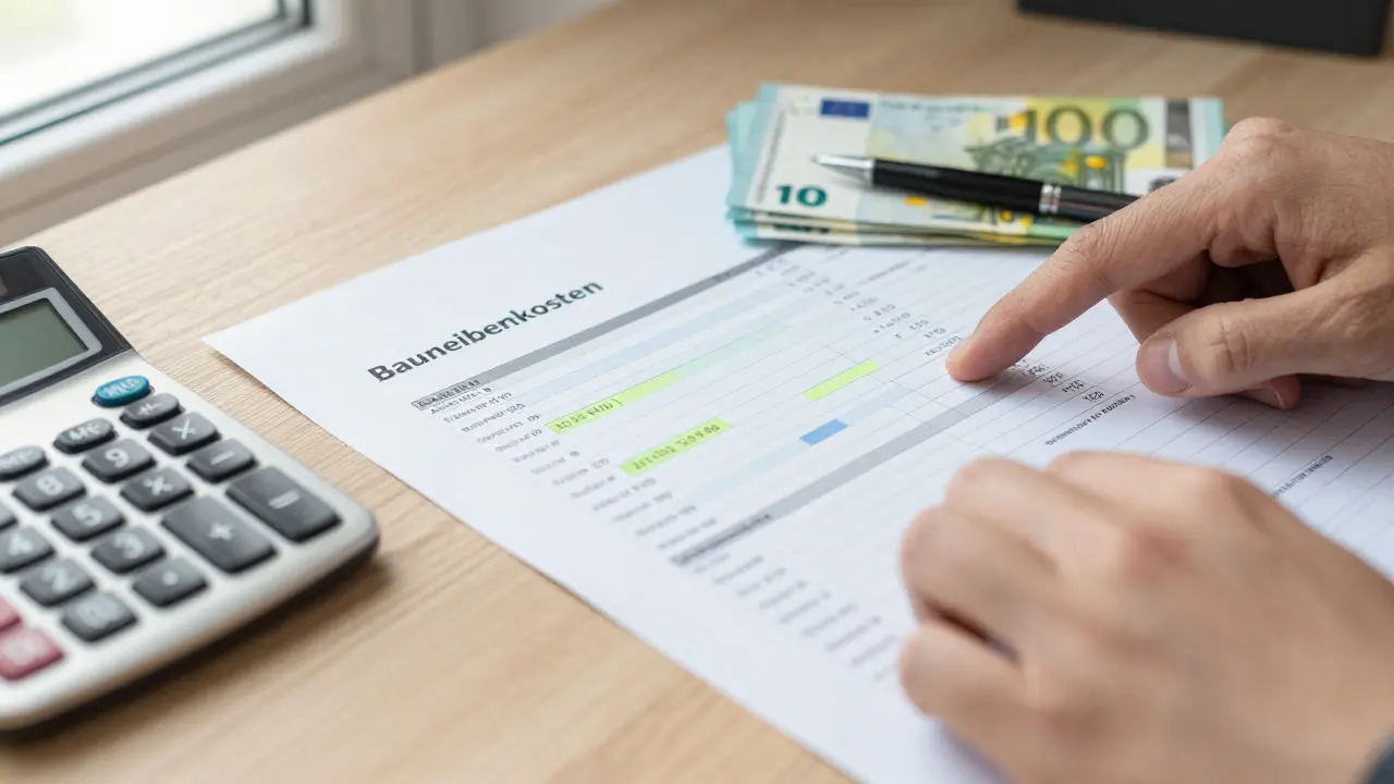 Dokumente und Bargeld auf dem Schreibtisch zur Planung der Baunebenkosten