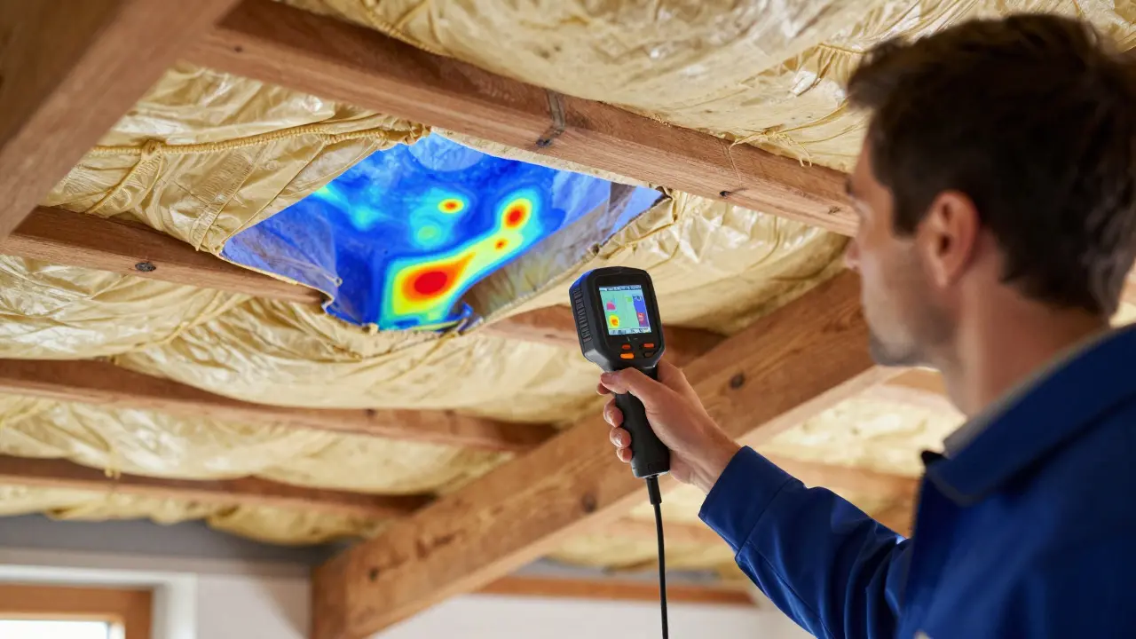 Energieberater prüft Dachdämmung mit Thermokamera im Altbaudachgeschoss