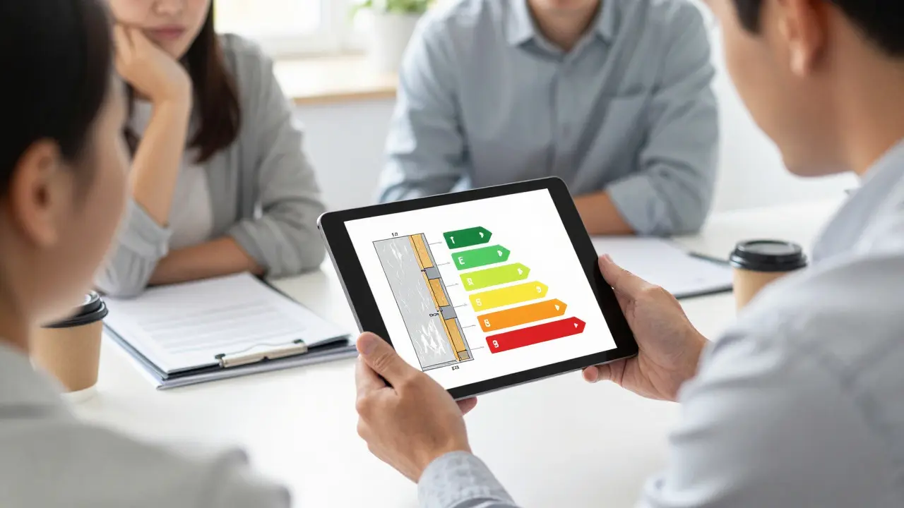 Energieberater zeigt Hausbesitzern technische Details auf einem Tablet