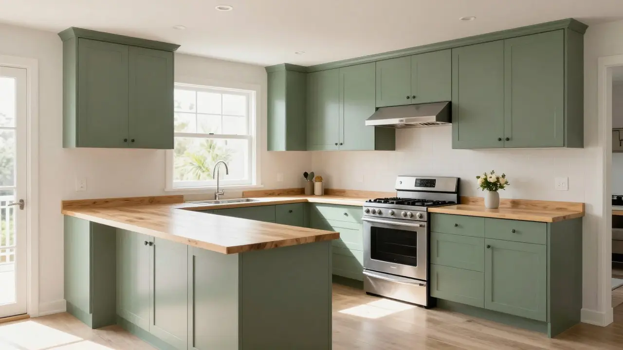 Fertig renovierte Küche mit frisch gestrichenen Schrankfronten und hellem Interieur