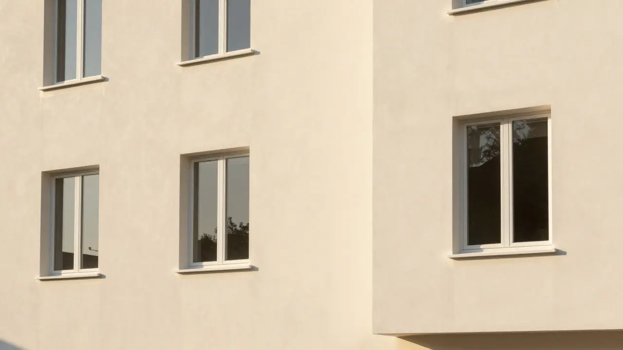 Frisch gestrichene, einwandfreie Wohnhausfassade in hellem Cremeton
