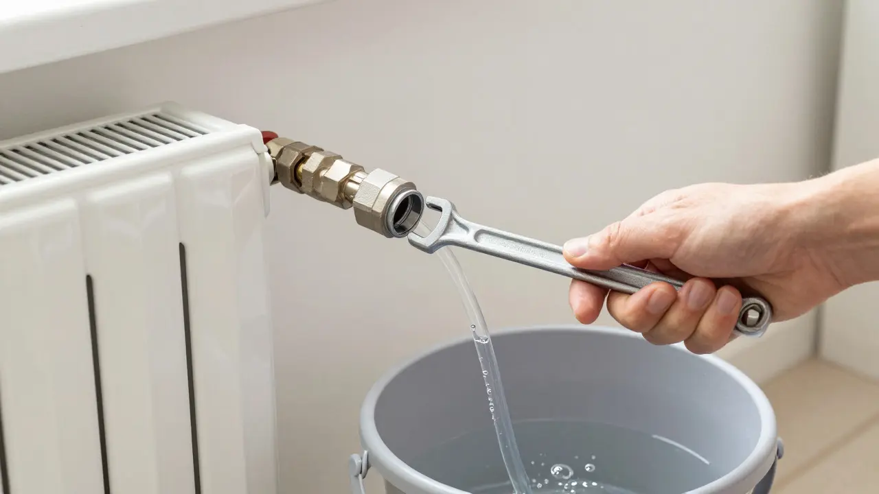 Hand holding a wrench near a radiator valve with a clear tube leading to a bucket for safe bleeding.