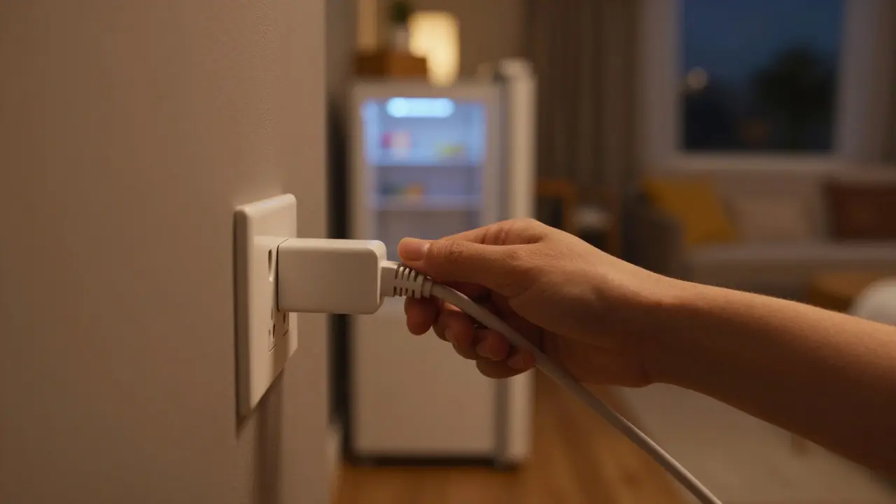 Hand steckt ein Gerät in eine Steckdose in einem beleuchteten Ferienhaus
