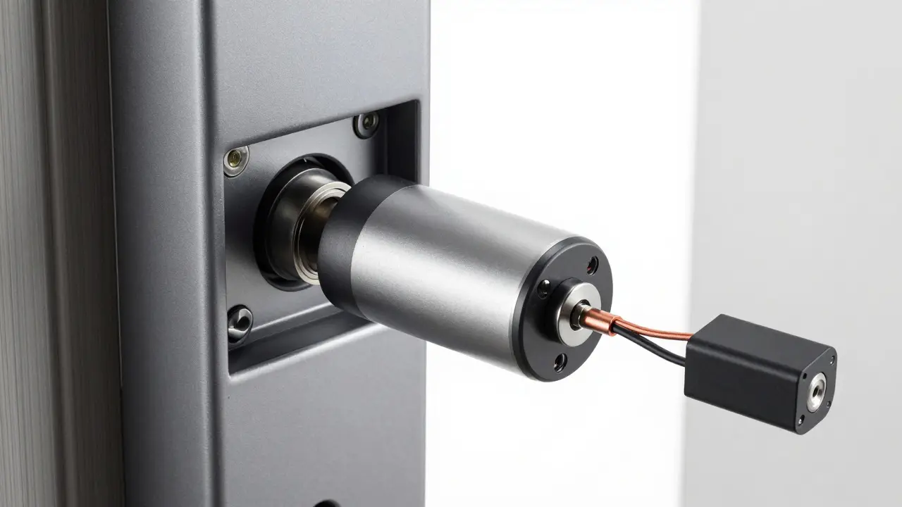 Internal view of a motorized smart lock mechanism inside a door