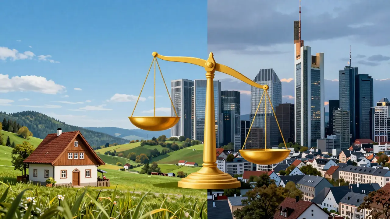 Konzeptionelle Darstellung eines Waagschals zwischen ländlichem Haus und städtischen Hochhäusern