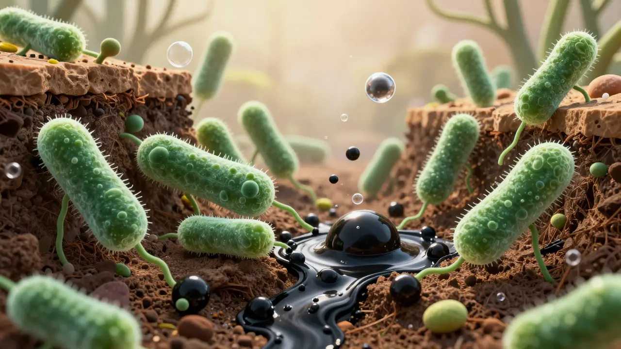 Konzeptionelle Darstellung von Bakterien, die Öl im Boden biologisch abbauen