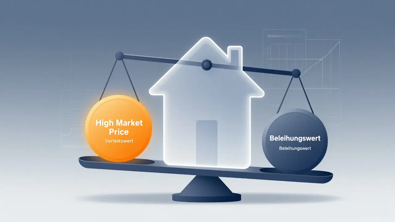 Konzeptionelle Illustration einer Waage mit unterschiedlich schweren Gewichten vor einem Haus