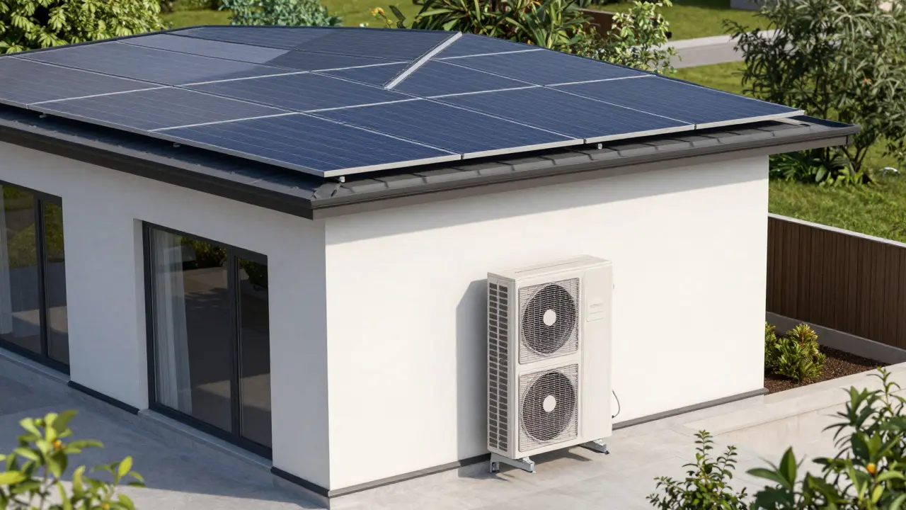 Modernes Haus mit Solarpanelen auf dem Dach und einer Wärmepumpe außen