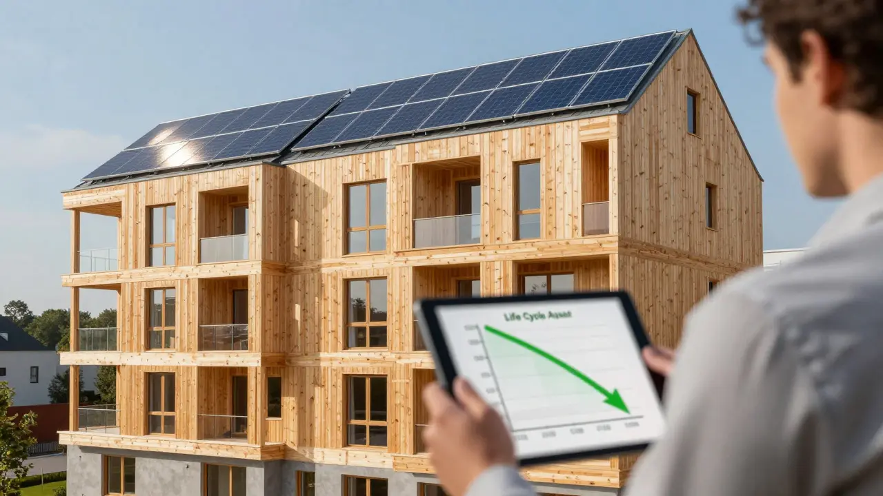 Modernes Massivholzhochhaus mit Solaranlage als Beispiel für nachhaltiges Bauen