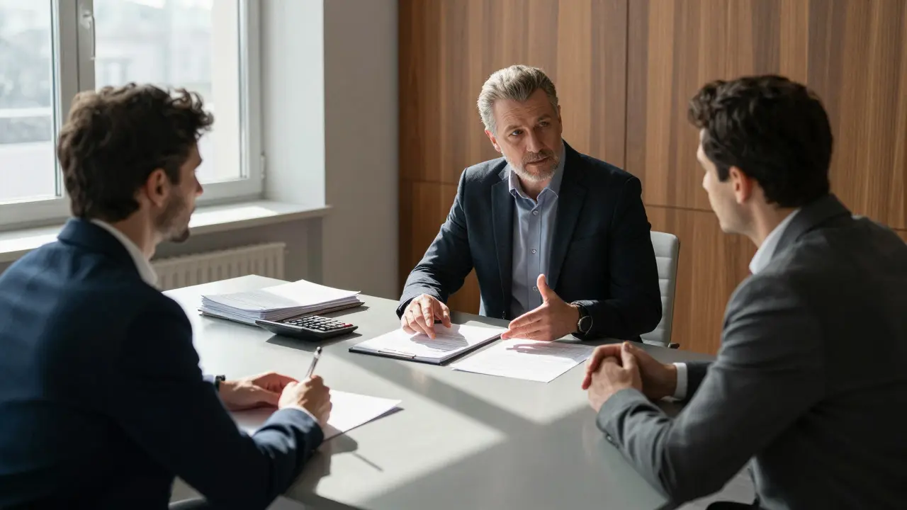 Notary and client discussing property valuation and contract details in an office