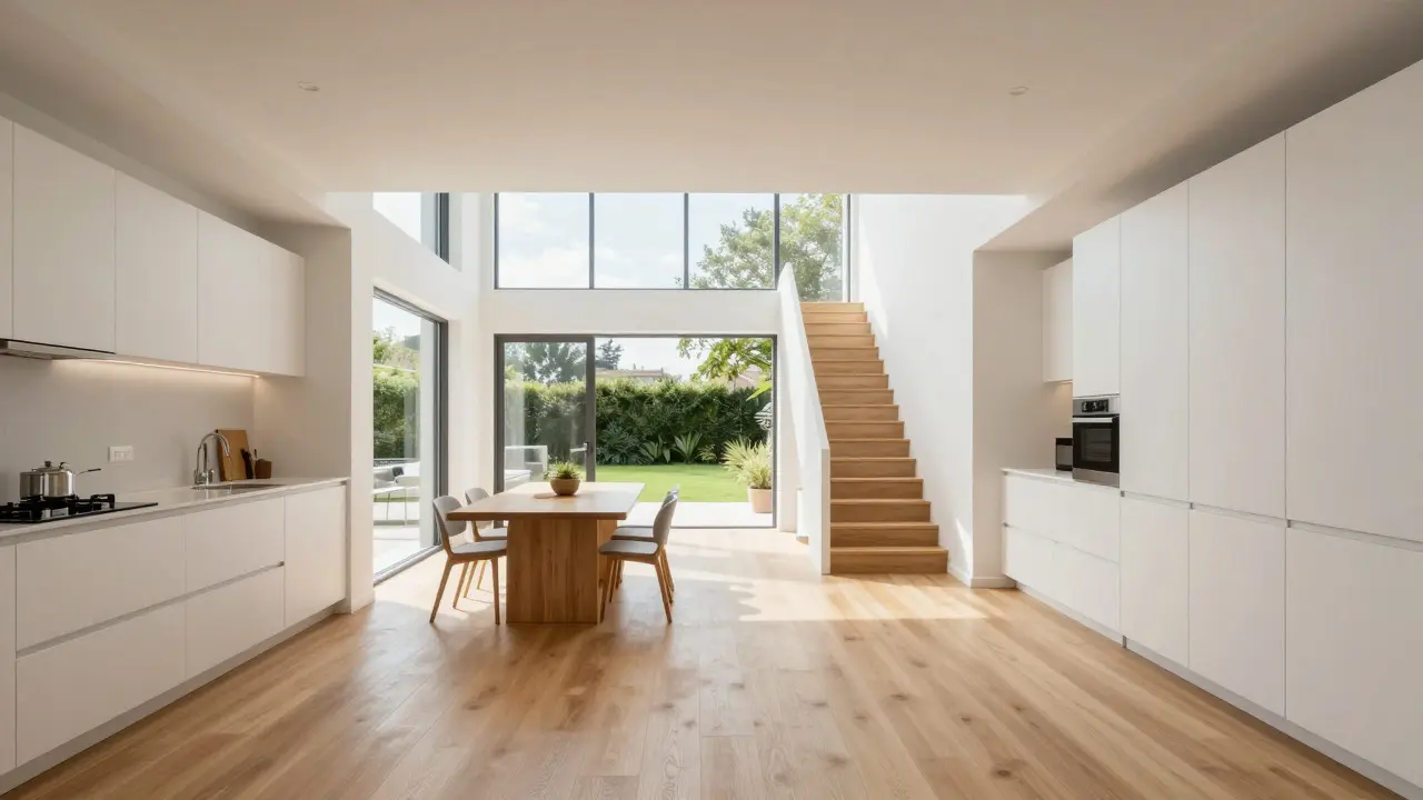 Offener Wohnbereich ohne Flure mit bodentiefen Fenstern und Treppe an der Wand