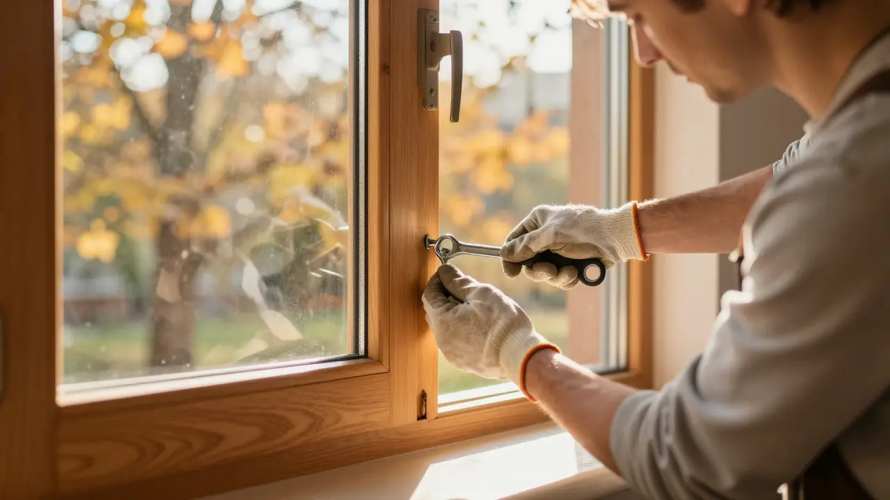 Person adjusting wooden window frame with Allen wrench