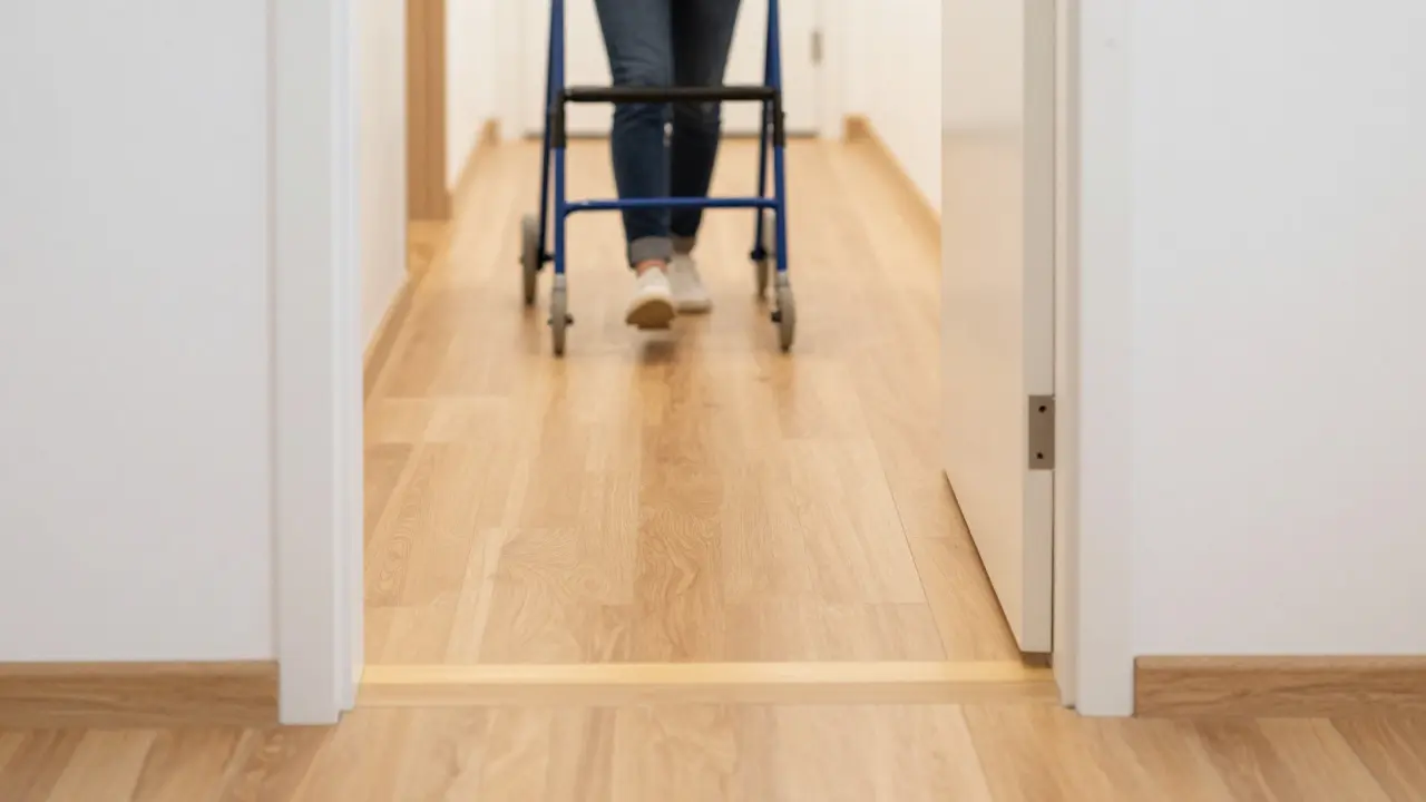 Person mit Rollator geht problemlos durch eine bodengleiche Türöffnung