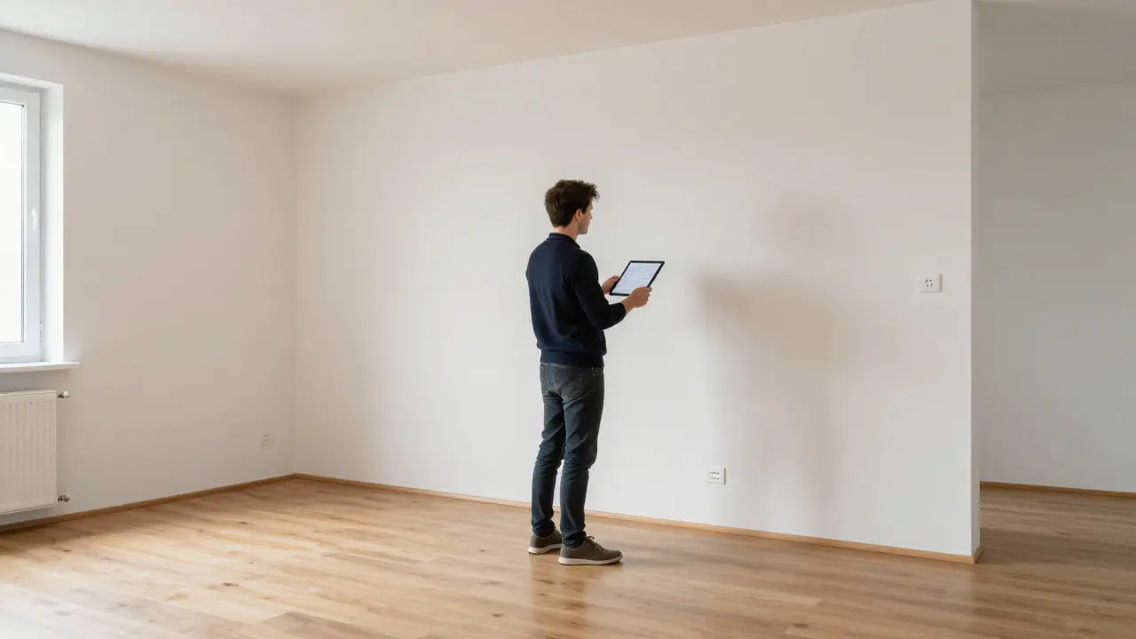 Personen inspizieren eine leere Wohnung mit einer digitalen Checkliste