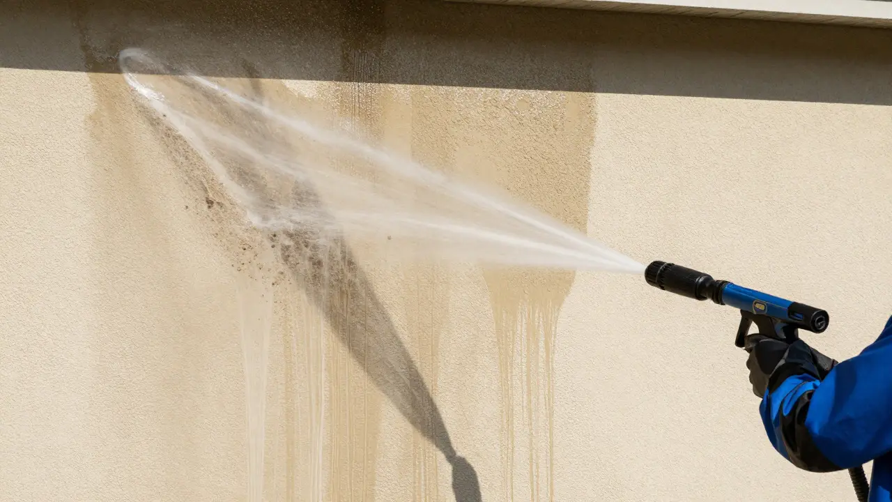 Reinigung einer Hausfassade mit Hochdruckreiniger, Wasserstrahl entfernt Schmutz