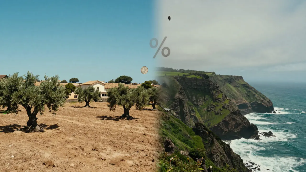 Split-Screen-Bild: Spanische Landschaft links und portugiesische Küste rechts zur Vergleichsdarstellung