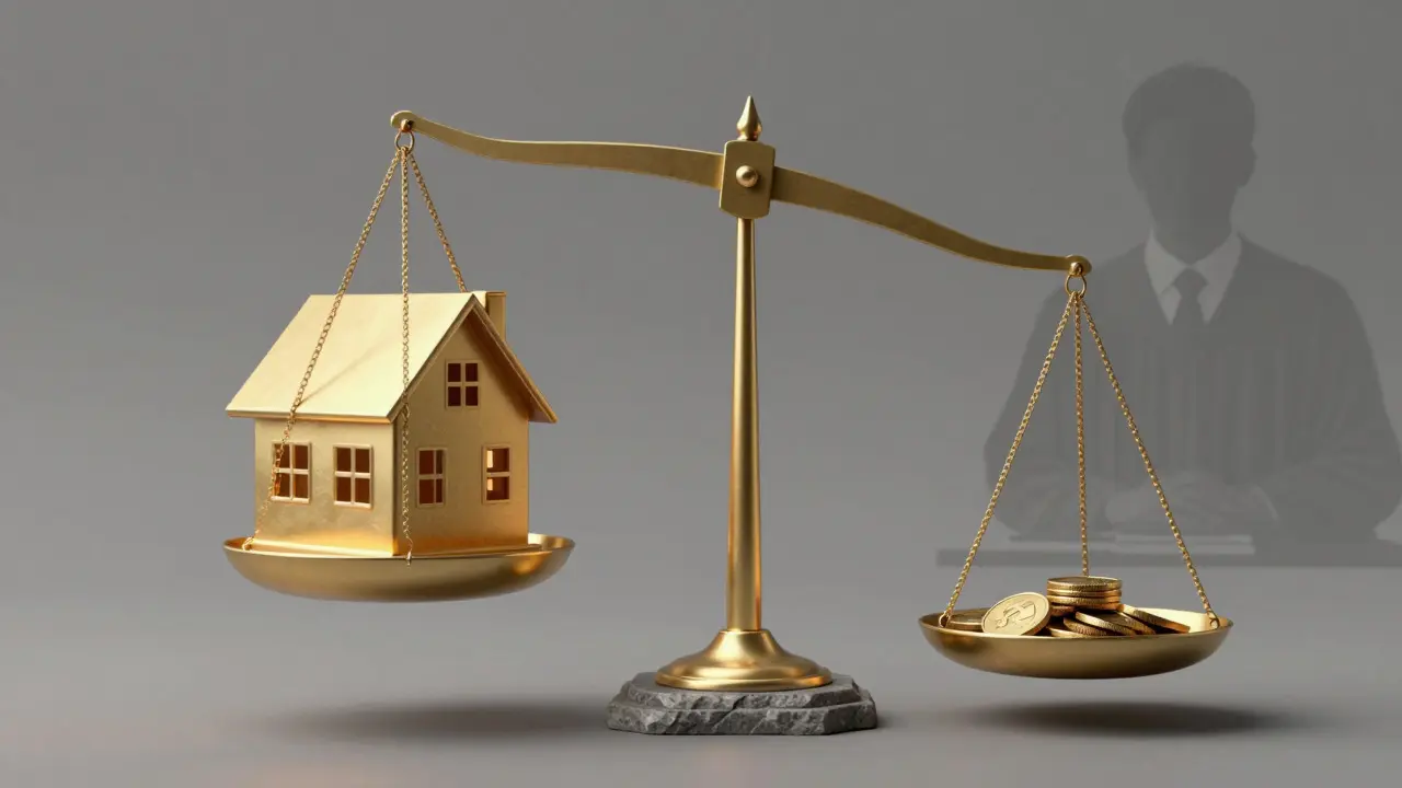 Symbolic balance scale showing unequal value between a house and low payment