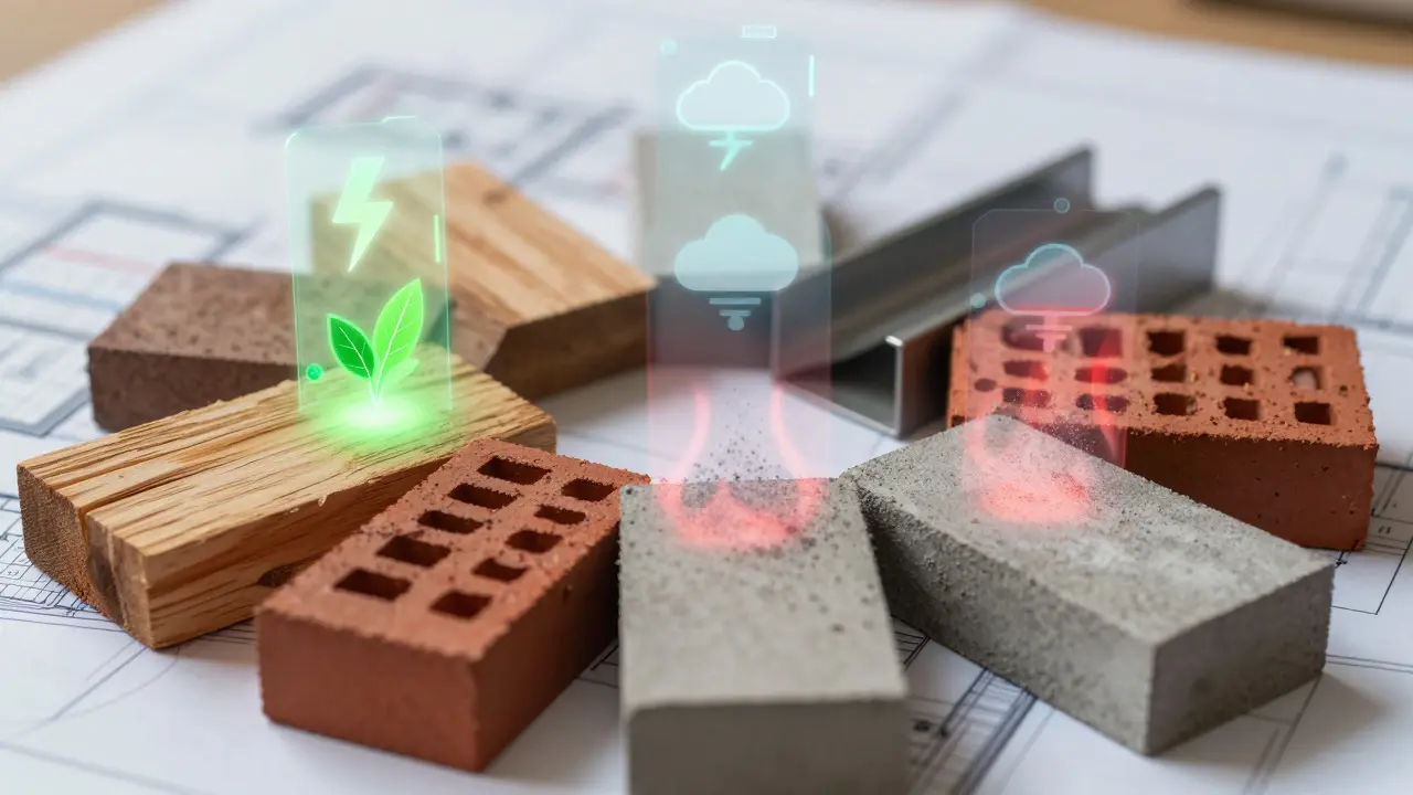 Vergleich der Umweltbilanz von Holz, Ziegel, Zement und Stahl mit Datenvisualisierung