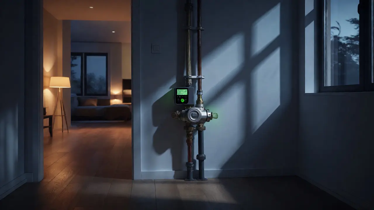 Automatisches Absperrventil an der Wasserleitung in einem dunklen Flur bei Nacht