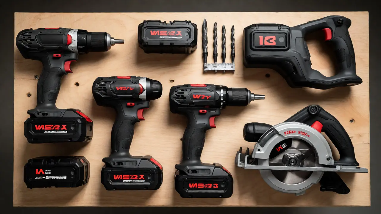Cordless Elektrowerkzeuge und Akkus auf einer Werkbank