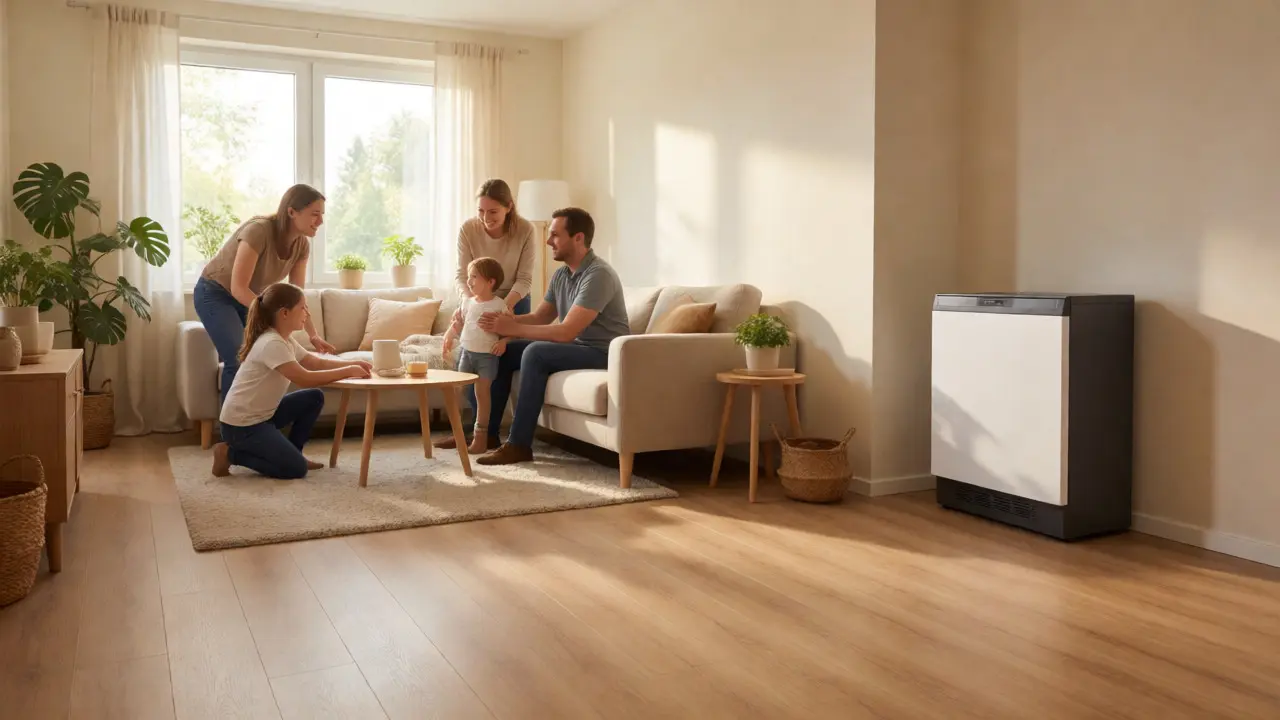 Familie im frisch renovierten Wohnzimmer