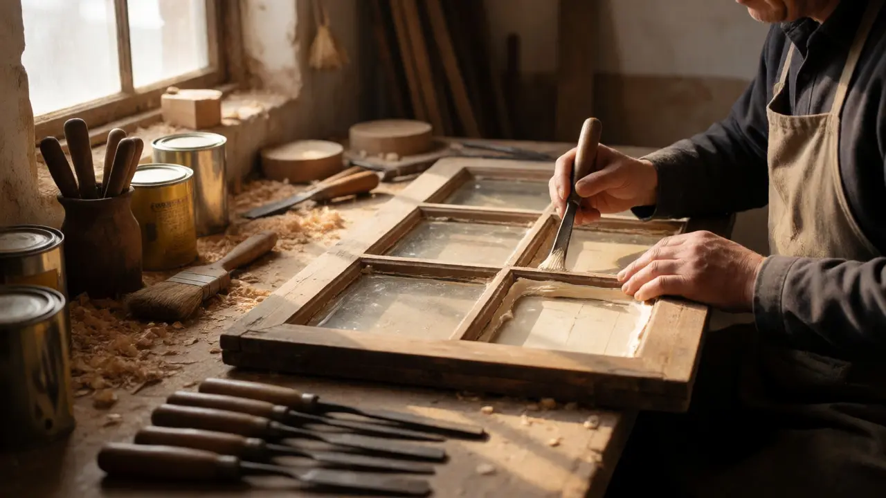 Handwerker restauriert sorgfältig einen alten Fensterrahmen mit traditionellen Werkzeugen.