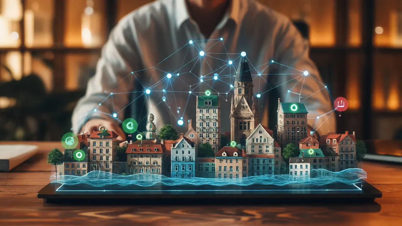 Holographische Stadtprojektion mit KI-Netzwerk und Klimarisiko-Symbolen über einem Schreibtisch