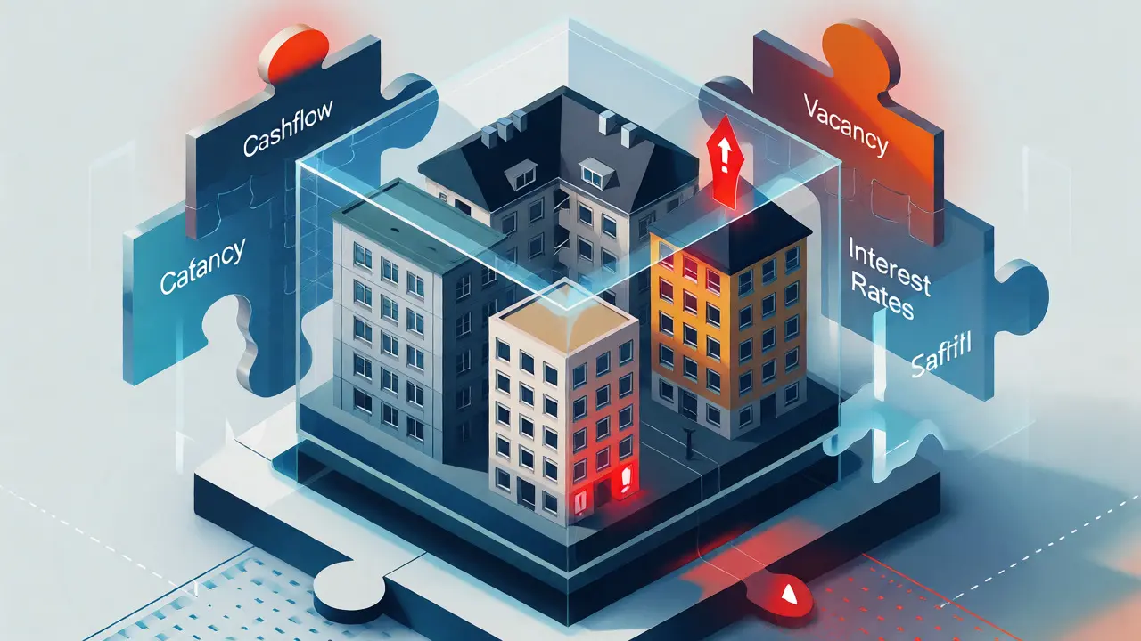 Isometrische 3D-Illustration eines digitalen Immobilien-Stresstests mit Warnindikatoren