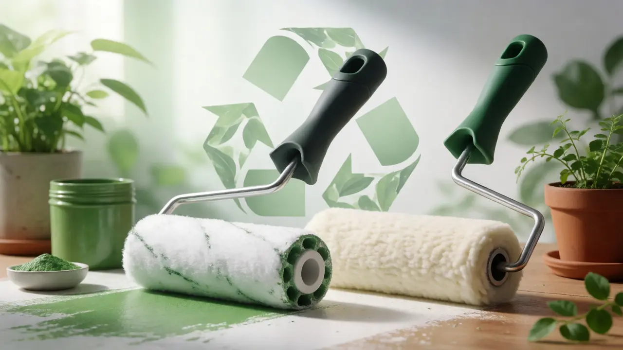 Konzeptbild zu Nachhaltigkeit im Malerhandwerk mit modernen Walzen und Recycling-Symbolik.