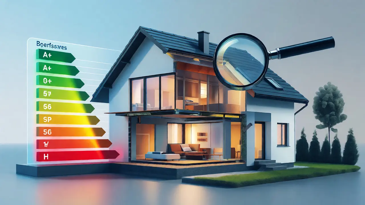 Konzeptdarstellung eines Hauses mit Energieeffizienz-Skala