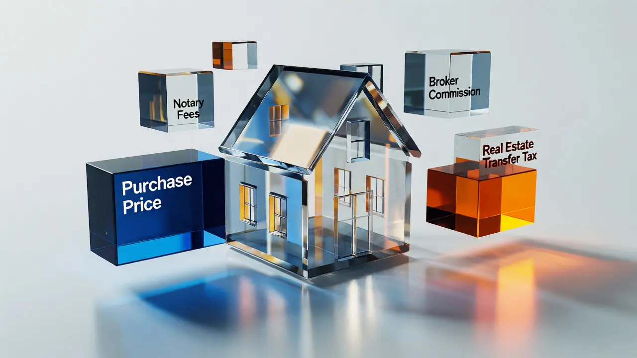 Konzeptionelle Darstellung der Immobilienfinanzierungskosten als durchsichtige Blöcke um ein Hausmodell