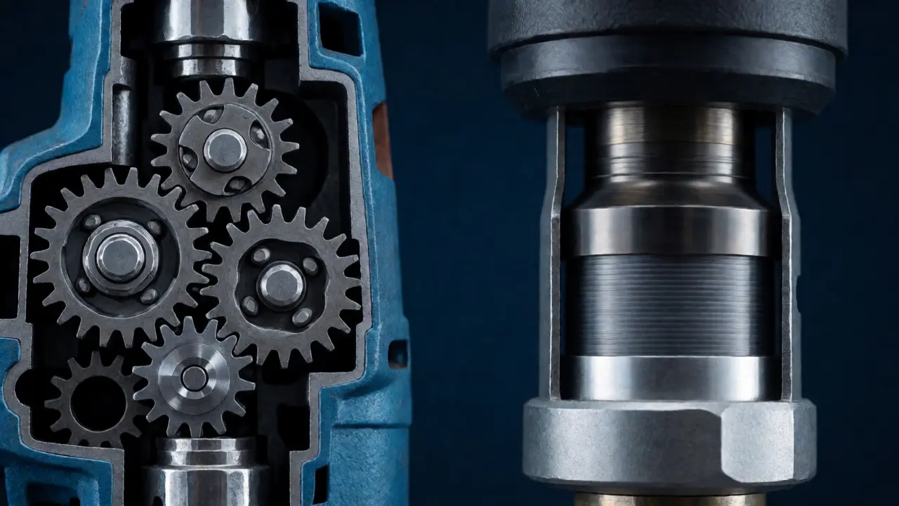 Makroaufnahme der Mechanik von Schlagbohrer und Bohrhammer