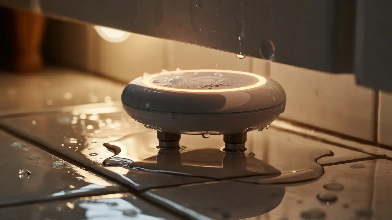 Nahaufnahme eines smarten Lecksensors unter dem Waschbecken mit aktivem Alarmlicht