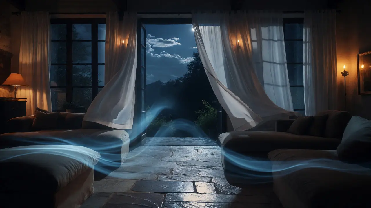 Offene Fenster bei Nacht für Querlüftung, um gespeicherte Wärme aus dem Haus zu leiten.