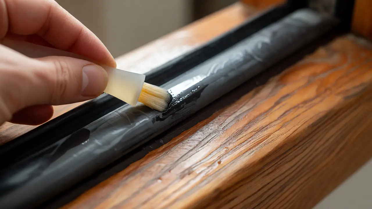 Pflege der Gummidichtung eines Holzfensters mit einem Silikonstift