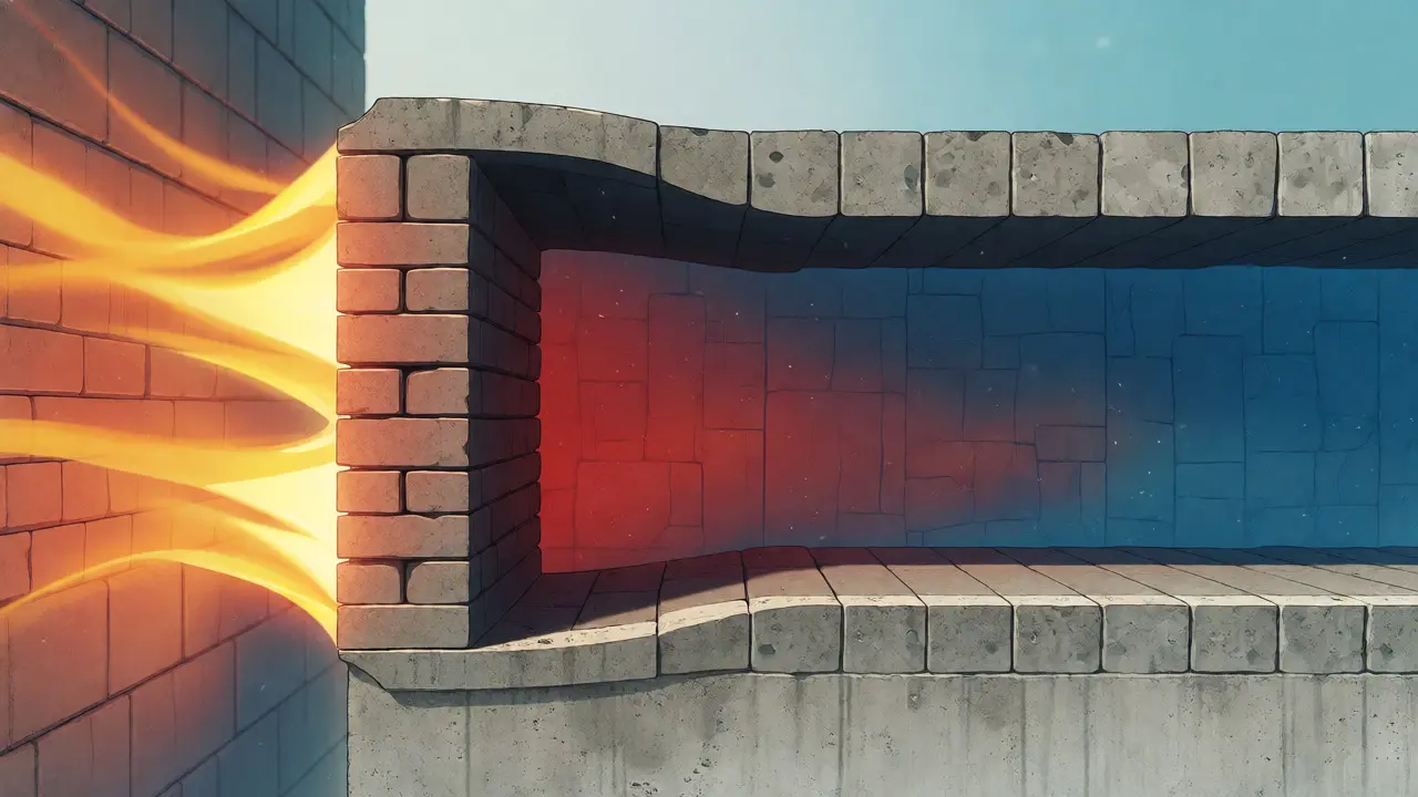 Querschnitt einer dicken Mauer, die Hitze von außen absorbiert und das Innere kühl hält.